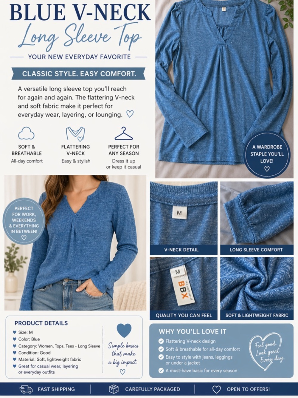 Blue V-Neck Long Sleeve Top